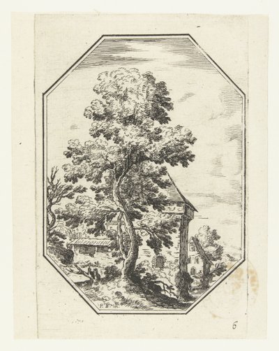 Landscape with Large Tree in Octagonal Frame (Octagonal Landscapes) by Anonymous