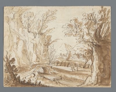 Landscape with Two Figures on a Road Before a Stone Bridge by Anonymous