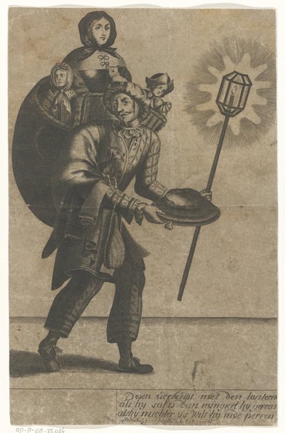 Man with Lantern and His Family in a Basket on His Back by Anonymous