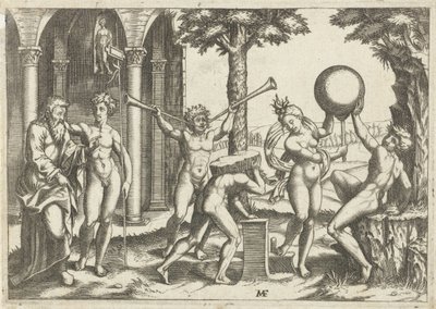 Man with Two Trumpets and Man with Stone on His Back Flanked by Man and Woman with Globe and Old and Young Man by Anonymous