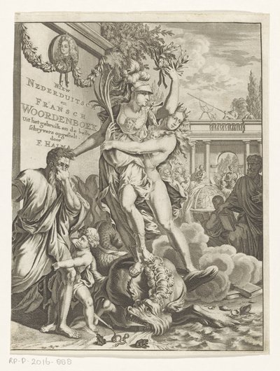 Minerva Trampling a Fire-Breathing Sea Monster (Title Page for: François Halma, Dictionary of the Dutch and French Languages, 1710) by Anonymous