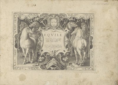Ornamental Cartouche with Title Flanked by Horses by Anonymous