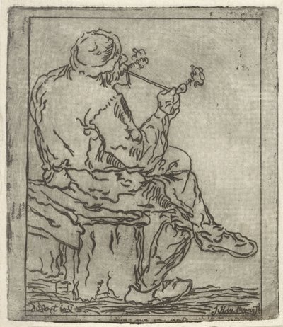 Pipe-Smoking Farmer on a Wooden Bench by Anonymous