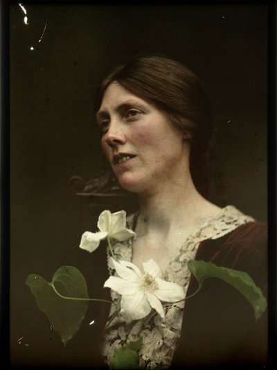 Portrait of a Woman Dressed in a Red Dress with Two White Flowers on Her Chest by Anonymous