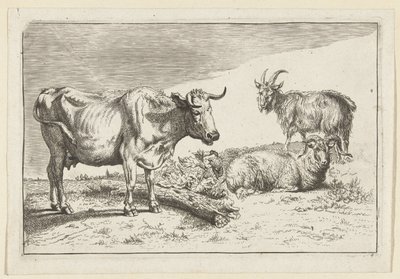 Standing Cow with Twisted Horn with a Sheep and a Goat by Anonymous