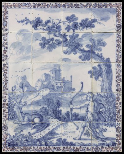 Tile Panel with a Landscape in Blue with Mythological Scene: Cyparissus Turning into a Cypress by Anonymous