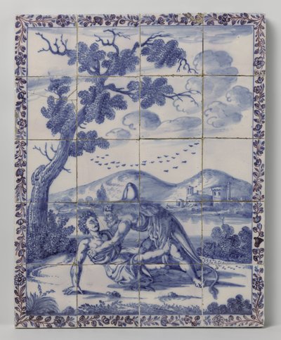 Tile Panel with a Landscape in Blue with Mythological Scene: Hercules and Achelous by Anonymous