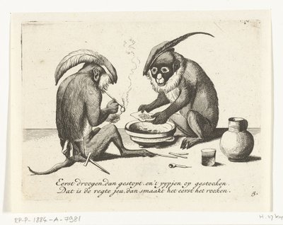 Two Monkeys Smoking a Pipe (Various Occupations of Human Life Represented by Monkeys series) by Anonymous