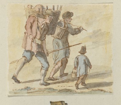 Two Men Walking with a Basket on Their Back and a Child with a Basket in Hand by Anonymous