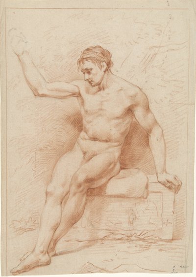 Seated Male Nude, Head to the Left, Right Arm Raised by Anonymous