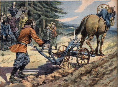 A Russian peasant plowing the field with the help of a plough on which is laid a candle. Conte de Easter Engraving from the newspaper 