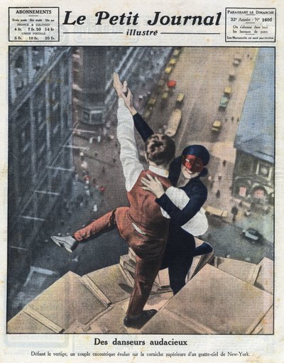 A couple of extreme dancers, evolve on the ledge of a skyscraper in New York. Illustration taken from 