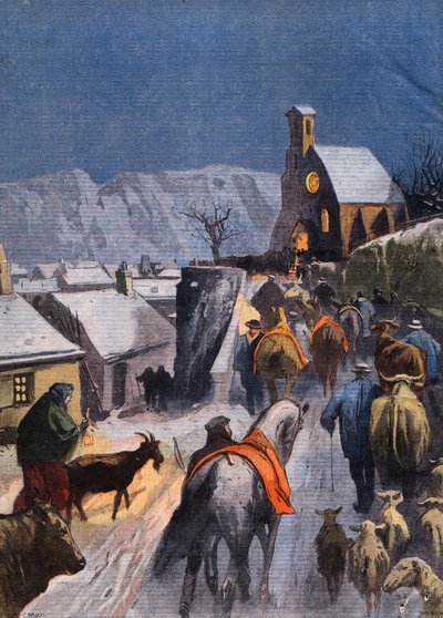 A custom in the Cevennes: Christmas of the Betes. Engraving from the newspaper Le Peute Parisien, on 27/12/1908. Private collection. by Anonymous Anonymous