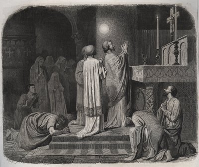 A Globe of Fire Appears Above Saint Martin, Bishop of Tours, While He Works. Engraving from 1846 in 