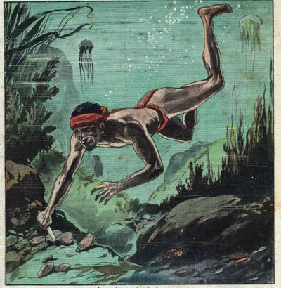 A pearl researcher risking his life in the tropical seas of Ceylon and Polynesia to supply eleganties with necklaces and jewelry. Illustration taken from Le Petite Journal 11/03/1923 Private collection by Anonymous Anonymous