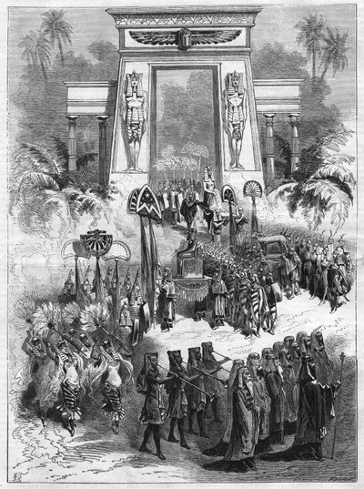 Act II of the piece, Aida. Grand opera in four acts and seven paintings by Giuseppe Verdi plays at the Italian theatre in Paris. Engraving in 