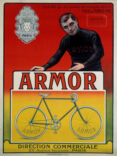 Advertising poster for the bike “Armor” with cyclist Eugene Christophe (1885-1970), winner of 3 stages and 2nd of the general classification of the Tour de France of 1912: “It is her who allowed me to triumph in the Tour de France of 1912, sd 20th century by Anonymous Anonymous
