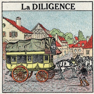 Animal traction: the diligence. Anonymous illustration of 1925. Private collection. by Anonymous Anonymous