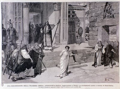 Antigone sentenced to death. Scene from the play Antigone, with music by Camille Saint-Saens, performed in Paris by Anonymous Anonymous