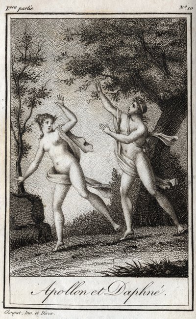 Apollo and Daphne. The nymph Daphne turns into a laurel to escape Apollo. Engraving from 1819 in 