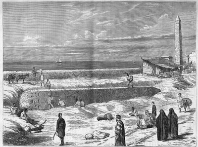 Archeologists in Egypt: the needles (obelisks) from Cleopatra to Alexandria. Engraving in 
