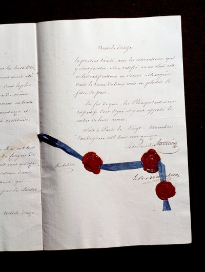 Article 12 of the 1815 Treaty between France and the Coalises. Second Treaty of Paris signed by Armand Emmanuel de Vignerot du Plessis, Duke of Richelieu: the Treaty foresees cooperation between Austria, the United Kingdom, Prussia and Russia by Anonymous Anonymous