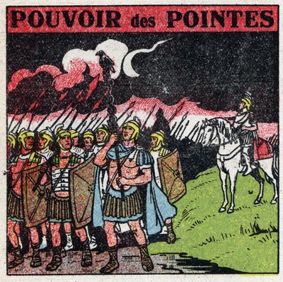 Atmospheric electricity: Roman legionaries find that the tip of their spades seems to ignite during a storm. Anonymous illustration from 1925. Private collection. by Anonymous Anonymous