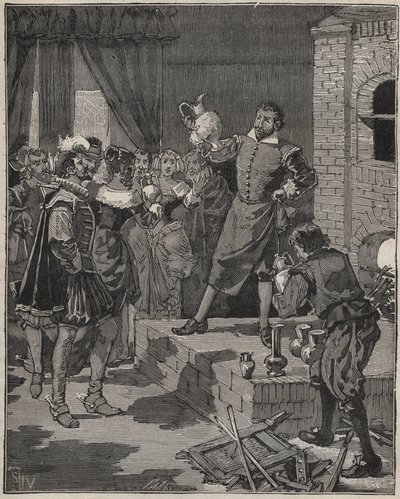 Bernard Palissy, French triumphant ceramist, removes his first pieces of enamels from the oven. Engraving from 1880 in 