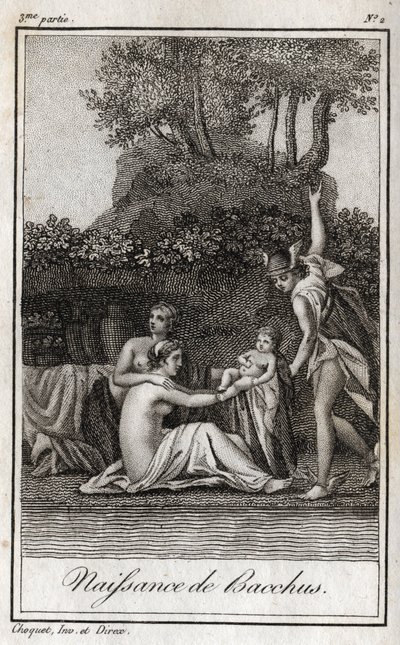 Birth of Bacchus, Son of Jupiter and Semele. Engraving from 1819 in 