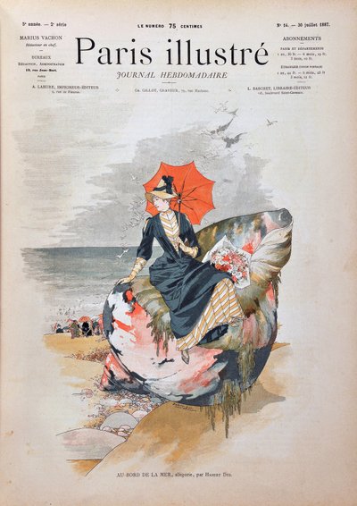 By the sea, allegory by Habert Dys. Elegant woman with an umbrella sitting on a giant shell poses on the sand of a beach. Engraving from 1887 in 