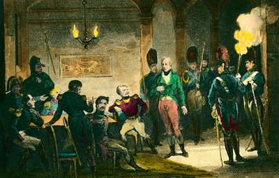 Case of Louis de Bourbon, Duke of Enghien: scene of trial of the prince suspected of having conspired against the first consul Napoleon Bonaparte, he was sentenced and executed without proof. Engraving from 1804 by Anonymous Anonymous