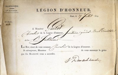 Certificate of Delivery of the Legion of Honour to Guizot, General Secretary of the Ministry of the Interior, 21/07/1814 by Anonymous Anonymous