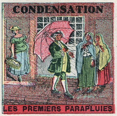 Changes in states: condensation. The first umbrellas in the 18th century. Anonymous illustration from 1925. Private collection. by Anonymous Anonymous