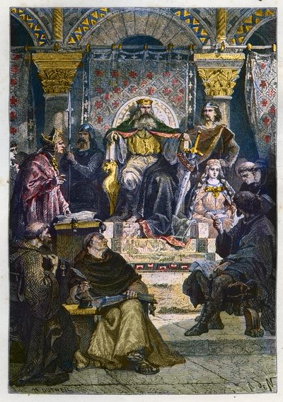 Charlemagne (742 - 814) on His Throne Presiding Over the Palace Academy - engraving from 