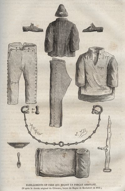 Clothing and irons received by a force arriving at the bagne de Rochefort in the 19th century. Engraving in 
