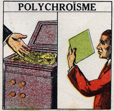 Colors: polychroism. Gold coins are yellow, but thin-layer gold is green in colour. Anonymous illustration from 1925. Private collection. by Anonymous Anonymous