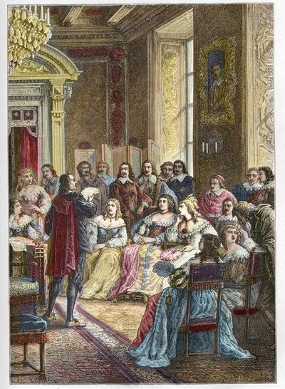 Corneille reading his tragedy of Polyeucte at the Hotel de Rambouillet in front of Catherine de Vivonne, Marquise de Rambouillet and in the presence of the horsemen and men of the Church by Anonymous Anonymous