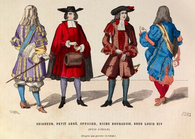 Costumes of Lord, little abbe, officer and rich bourgeois in Paris under the reign of King Louis XIV in the 17th century by Anonymous Anonymous