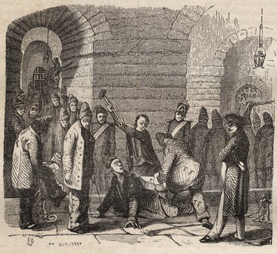 Coupling at the Rochefort bagne in the 19th century. Engraving in Histoire des bagnes depuis leur création à nos jours (1877) by Pierre Zaccone. Private collection. by Anonymous Anonymous