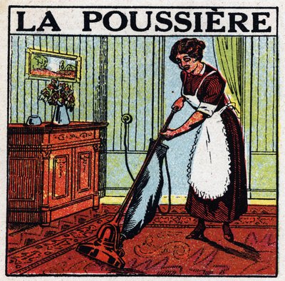Domestic uses of electricity: vacuum cleaner for dust. Anonymous illustration from 1925. Private collection. by Anonymous Anonymous