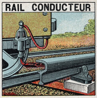 Electric railways: conductive rail. Anonymous illustration of 1925. Private collection. by Anonymous Anonymous