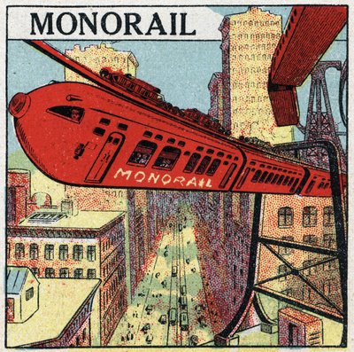 Electric railways: project for a monorail circulating in a city. Anonymous illustration from 1925. Private collection. by Anonymous Anonymous