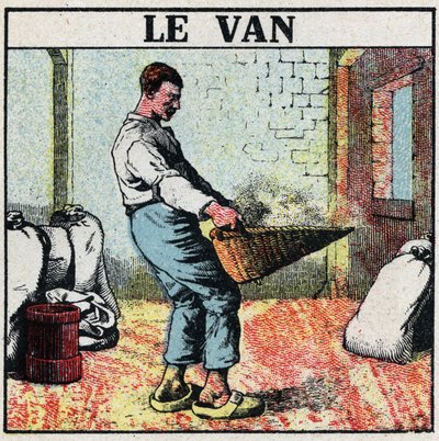 Electric tooling: the van or wicker basket used to wipe grain before the invention of electric machines. Anonymous illustration from 1925. Private collection. by Anonymous Anonymous