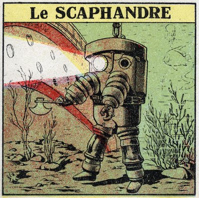 Electric tools: a diver at the bottom of the water using a light projector to advance. Anonymous illustration from 1925. Private collection. by Anonymous Anonymous
