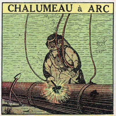 Electric tools: arc torch used by a diver at the bottom of the water. Anonymous illustration from 1925. Private collection. by Anonymous Anonymous