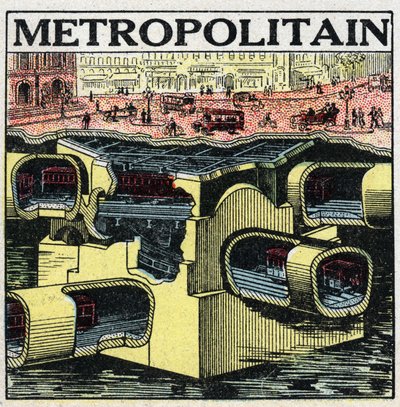 Electric trams: cross section of the Paris ground showing the lines of the Metropolitain. Anonymous illustration from 1925. Private collection. by Anonymous Anonymous