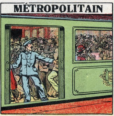 Electric trams: passengers piling up in the Metropolitain in Paris. Anonymous illustration from 1925. Private collection. by Anonymous Anonymous