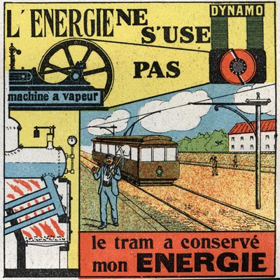 Energy does not wear out: electricity production with a dynamo feeding the steam machine of a tram. Anonymous illustration from 1925. Private collection. by Anonymous Anonymous