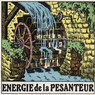 Energy of gravity: wheel of a water mill. Anonymous illustration from 1925. Private collection by Anonymous Anonymous