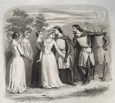 Farewell of Saint Elizabeth of Hungary to Her Husband, Louis IV of Thuringia, Leaving for the 6th Crusade in 1227. Engraving from 1846 in 